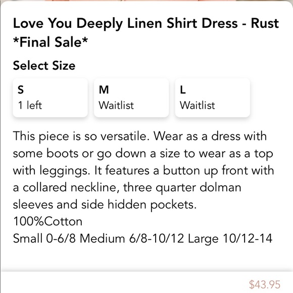 Linen Shirt Dress- color Rust - Picture 2 of 2